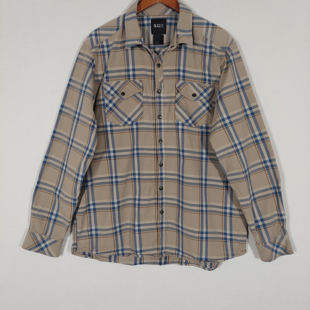 5.11 Tactical Mens XL Shirt Tan Blue Plaid Snap Front Western Long Sleeve Cotton